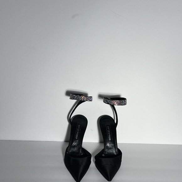 Sergio Rossi Swarovski Crystal Ankle Wrap High Heel Black Satin Shoe Sz 38 - Picture 13 of 15